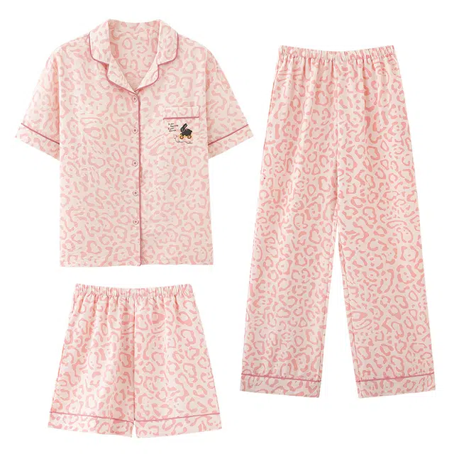 俏佳人 韩版透气亲肤三件套舒适开衫短袖家居服睡衣套装 女款