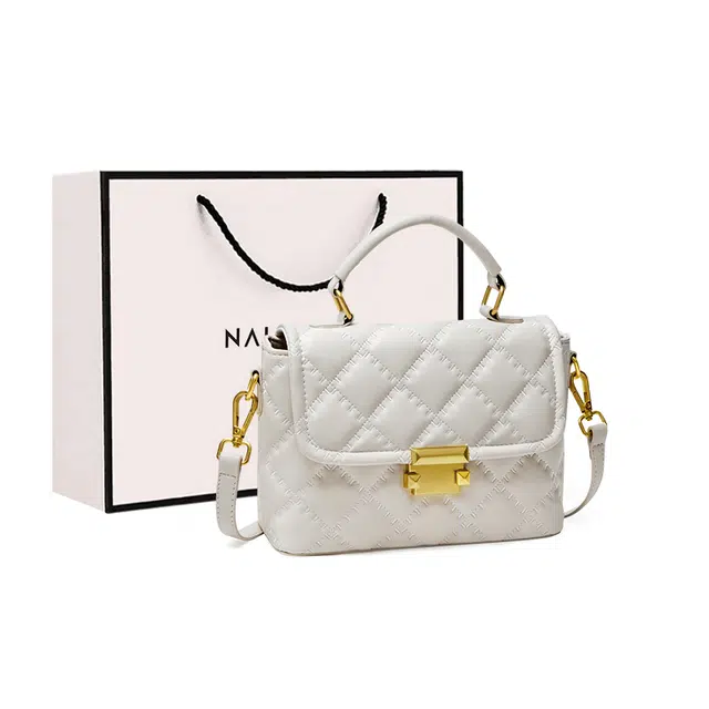 纳兰杜 小香风菱格时尚百搭精致优雅大方通勤 牛皮拼合成革 单肩斜挎手提包 中号 女款 米白色/子夜黑