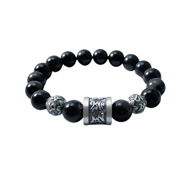 子婳 新中式招财纳福国潮复古风六字箴言转运时尚高级文玩手饰 黑曜石 手串 男款