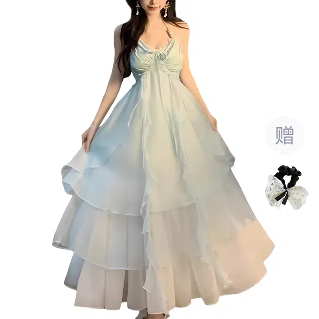 涂诗菲 法式氛围感度假风多巴胺薄荷曼波露背收腰显瘦吊带连衣裙 女款