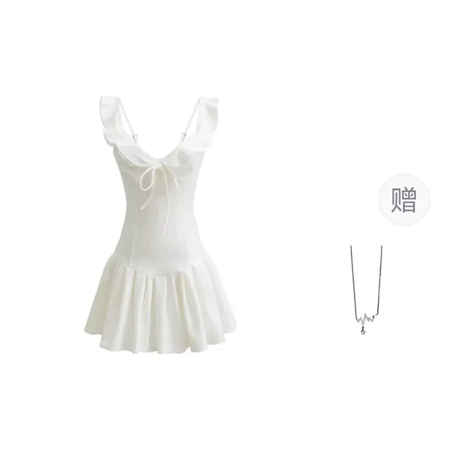 识恩 方领木耳边绑带收腰显瘦甜美小个子夏日度假荷叶边短裙吊带连衣裙 女款