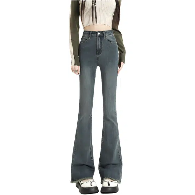 黛尔佳人 微喇女春秋高腰显瘦马蹄裤小个子修身弹力毛边喇叭裤子牛仔裤 女款