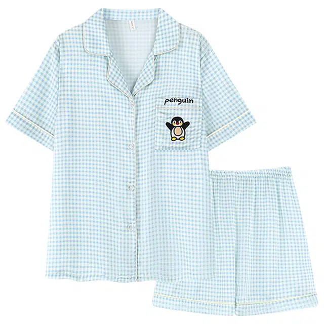 好福份 格子企鹅印花简约风休闲家居服可外穿睡衣套装 女款