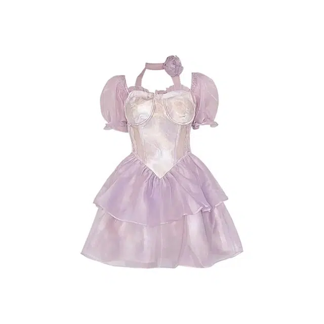 沐晓欣 法式乖乖女穿搭甜美少女极简主义森系蕾丝泡泡袖梦幻短袖连衣裙 女款