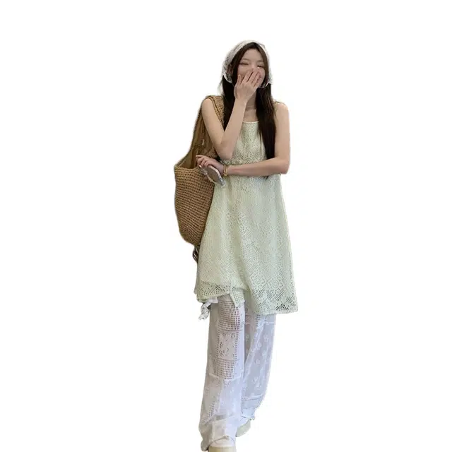 费尔岛上的猫 可盐可甜两件女不规则吊带裙镂空蕾丝直筒裤裙装套装 女款