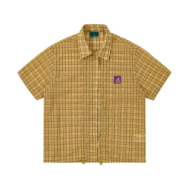 江南先生 运动轨迹美式复古泡泡纱格子可调节抽绳衬衣撞色轻薄空调短袖衬衫 女款