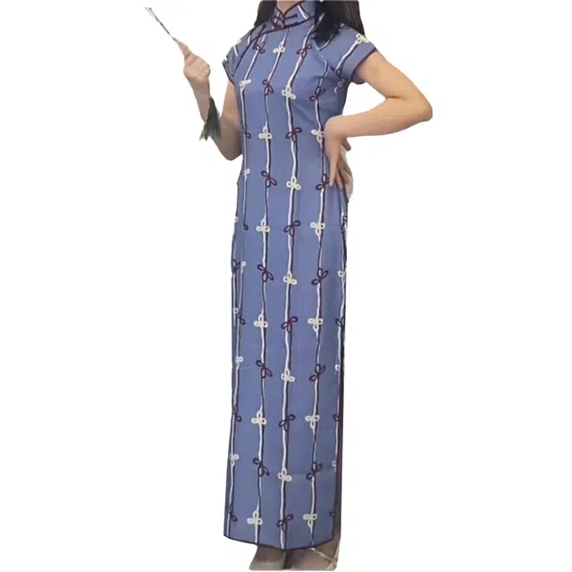 敲模女孩 新中式蝴蝶结印花改良旗袍一片式古法复古气质收腰修身短袖连衣裙 女款