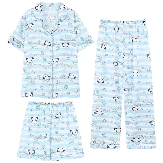 好福份 条纹卡通熊猫甜美风休闲家居服可外穿睡衣套装 女款