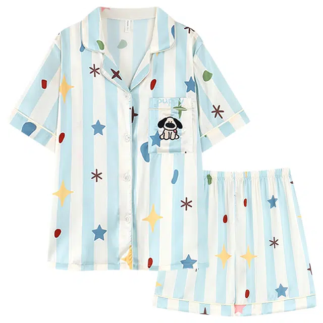 好福份 条纹小狗印花简约风家居服可外穿睡衣套装 女款