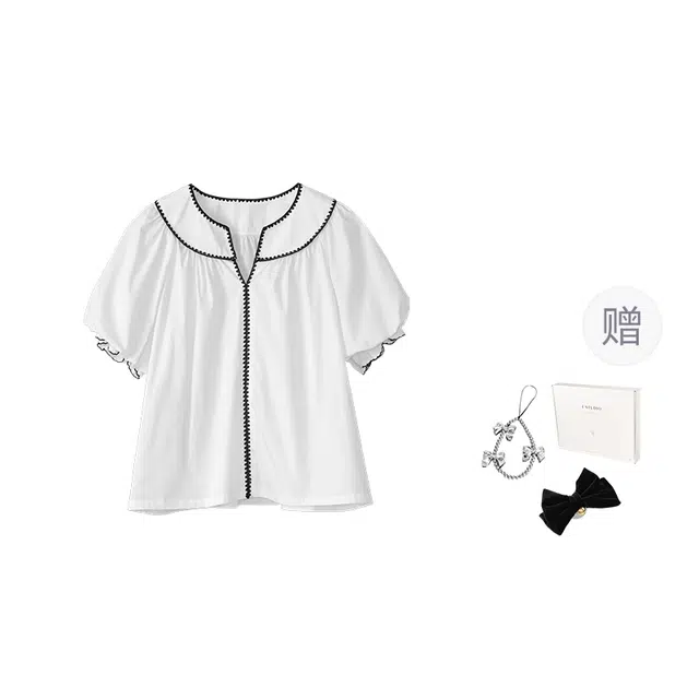 法儿家 云朵花边海岛度假穿搭条纹撞色泡泡袖短袖衬衫 女款