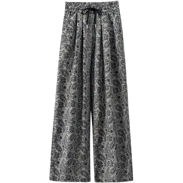 她池 复古提花宽松阔腿裤抽绳松紧腰长款休闲裤 女款