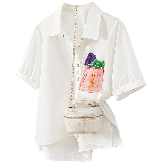 她池 多巴胺彩扣减龄衬衣印花翻领短袖衬衫 女款