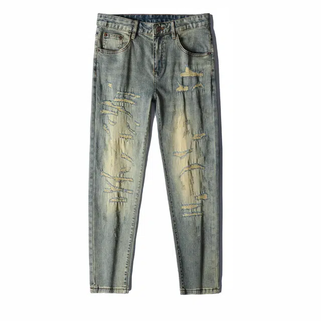 吉肯蒂 高端复古破洞九分裤潮流休闲修身小脚弹力裤子夏季牛仔裤 男款