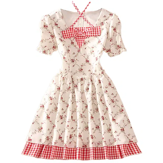 花蔓色 多种风格融合的时尚度假风碎花格子泡泡袖短袖连衣裙 女款