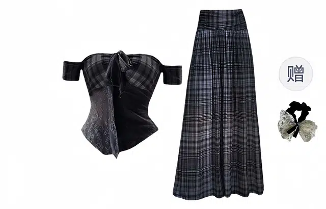 涂诗菲 辣妹风蕾丝网纱拼针织抹胸设计感高腰显瘦复古格子半身裙裙装套装 女款