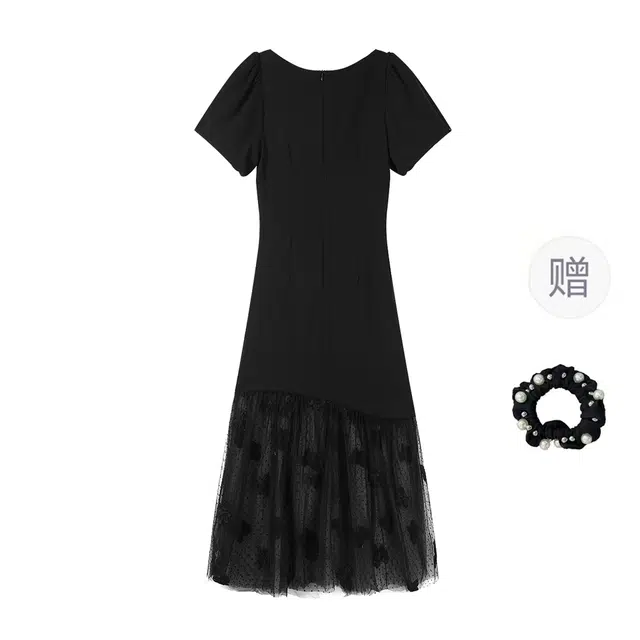 雾闪闪 法式名媛气质方领绝美蝴蝶网纱拼接收腰显瘦短袖连衣裙 女款