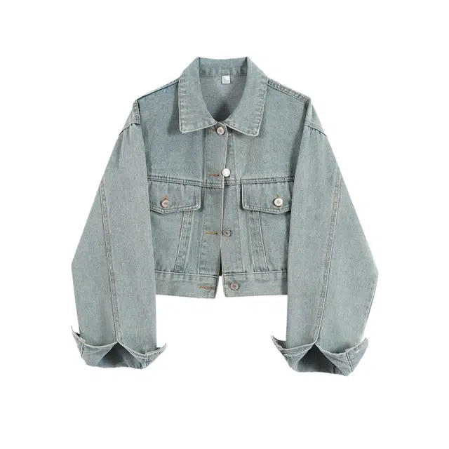 桴生 辣妹短款女春秋设计感小众宽松百搭浅蓝色夹克牛仔外套 女款