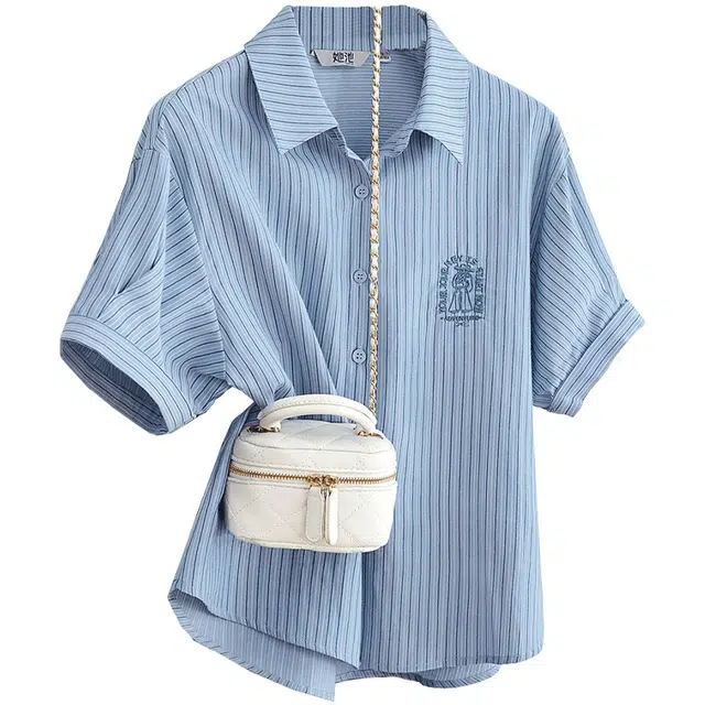 她池 通勤宽松休闲衬衣翻领短袖条纹衬衫 女款