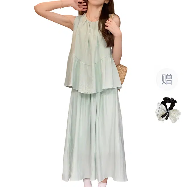 涂诗菲 韩版多巴胺薄荷绿娃娃衫无袖背心减龄时尚高腰显瘦半身裙裙装套装 女款
