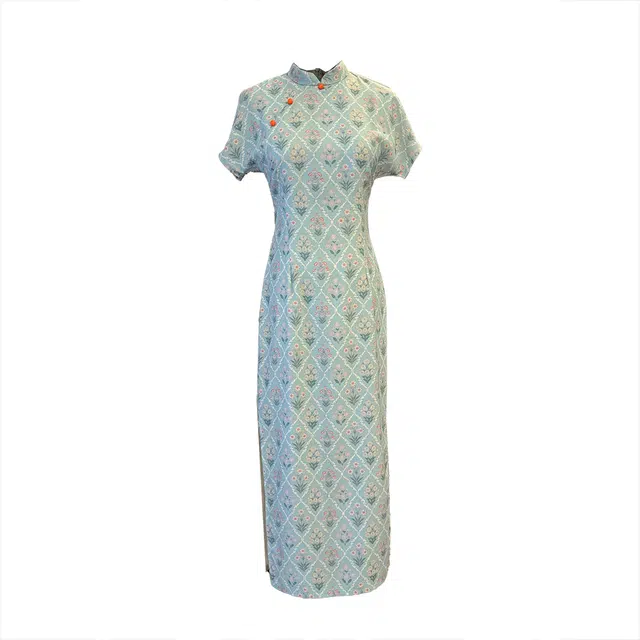 敲模女孩 新中式文艺风改良旗袍修身款植物花卉印花设计感收腰气质短袖连衣裙 女款