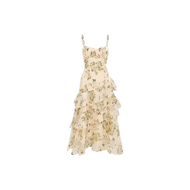 沐晓欣 文艺风可爱甜美碎花收腰荷叶边法式裙碎花气质优雅迷人大方乖乖女约会穿搭长裙度假风花裙夏海边薄款小裙子吊带连衣裙 女款