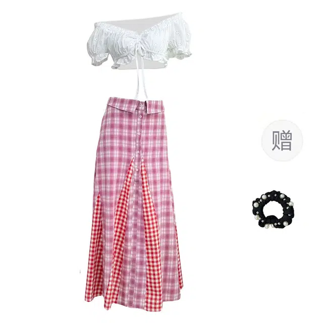 雾闪闪 性感辣妹海边度假风一字肩抹胸短袖上衣格纹半身裙裙装套装 女款