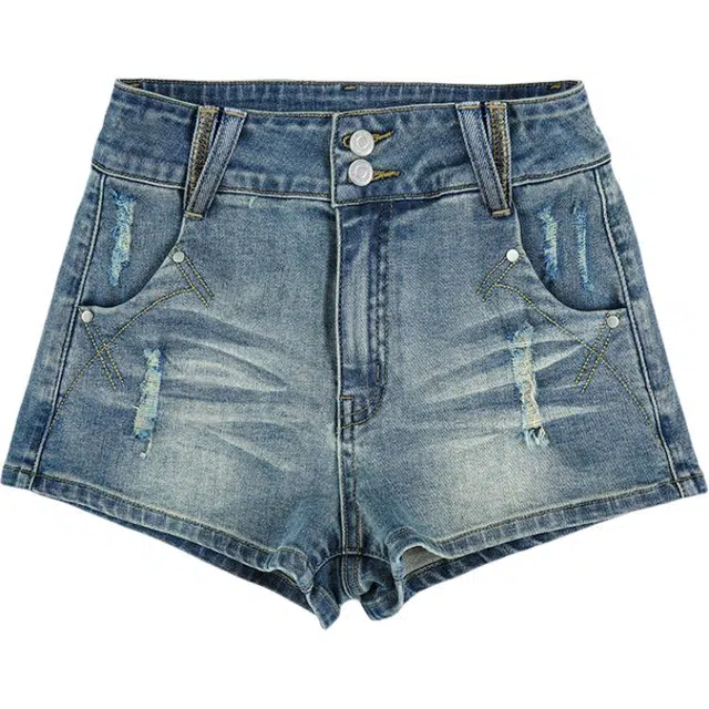 拾籍 复古风夏季双扣绣花破洞设计百搭牛仔短裤时尚显瘦显腿长热裤 女款