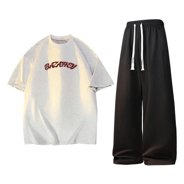 吾皇猫 美式背面玫瑰高级感设计百搭直筒抽绳系带宽松日常通勤短袖休闲运动套装 男女同款