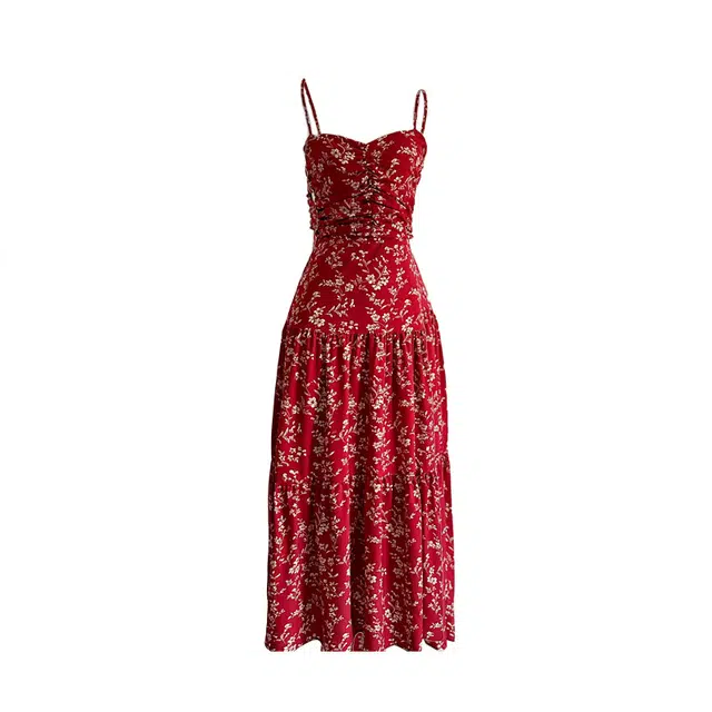 敲模女孩 法式辣妹风碎花性感露背复古设计感度假风吊带连衣裙 女款