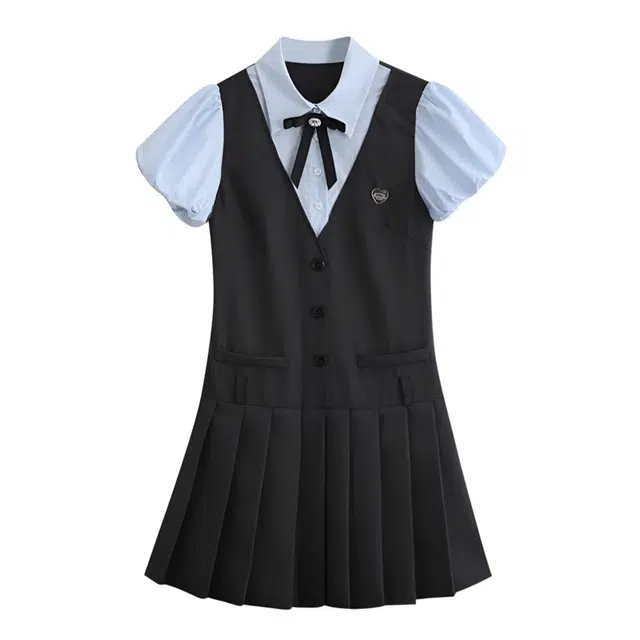怪力萝莉 学院风假两件泡泡袖西装裙收腰显瘦小个子裙子短袖连衣裙 女款