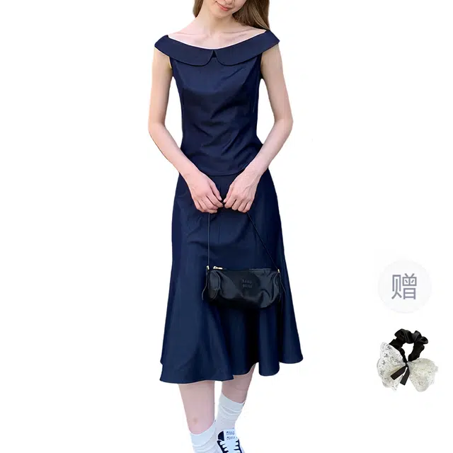 涂诗菲 法式复古牛仔小众设计感娃娃领一字肩上衣高腰显瘦鱼尾半裙裙装套装 女款