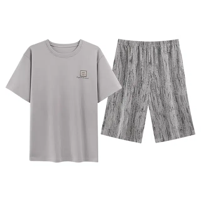 黛尔佳人 圆领短袖短裤抗菌简约时尚宽松舒适亲肤睡衣套装 男款