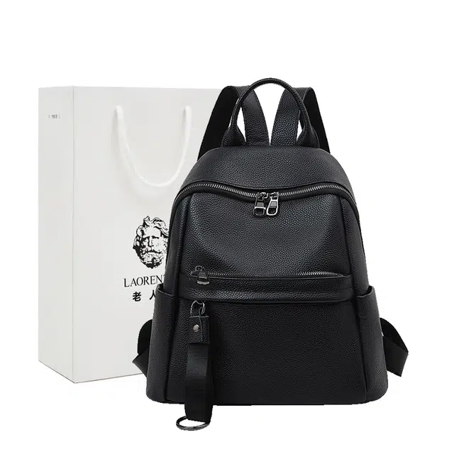 老人头 时尚百搭简约通勤 头层牛皮 双肩包 女款 黑色