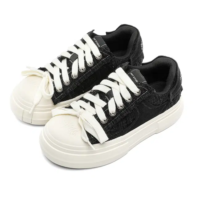 年走索 厚底时尚休闲亮布国潮简约 低帮 板鞋 男女同款 黑色