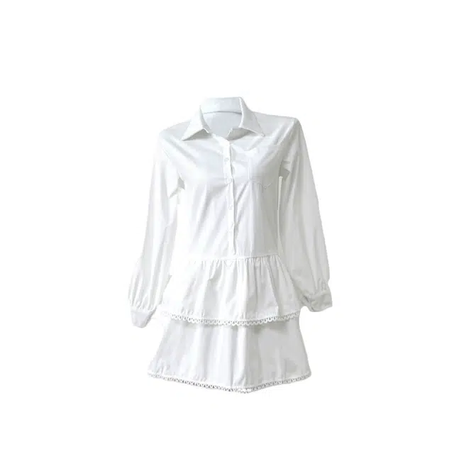 敲模女孩 法式高级感甜美白色衬衫宽松气质长袖连衣裙 女款