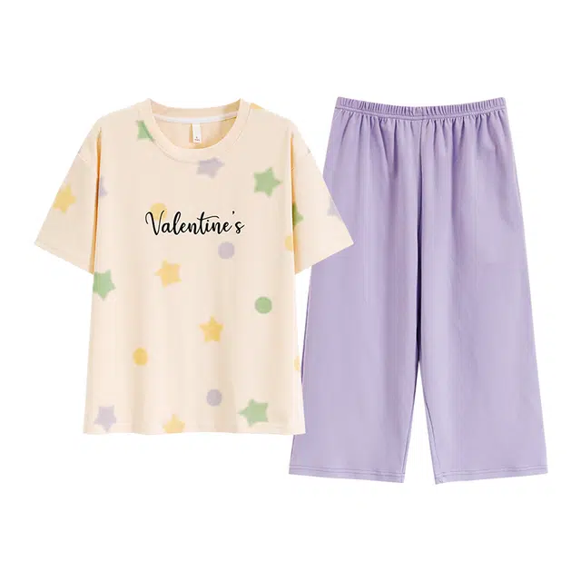 黛尔佳人 带胸垫短袖七分裤清新时尚透气吸汗夏季睡衣套装 女款