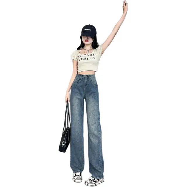 黛尔佳人 爆款高街星空纹阔腿女秋复古高腰显瘦直筒牛仔裤 女款