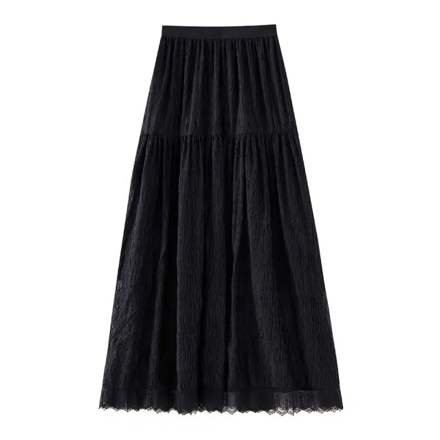 欧昵雪 肌理提花蕾丝拼接半身裙百搭大摆伞裙休闲长裙 女款