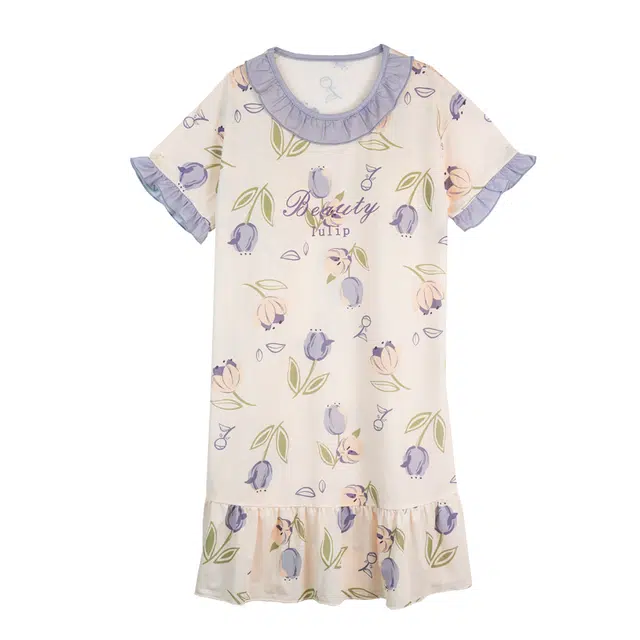 多拉美 花卉透气家居服圆领中长款可外穿短袖睡裙 女款