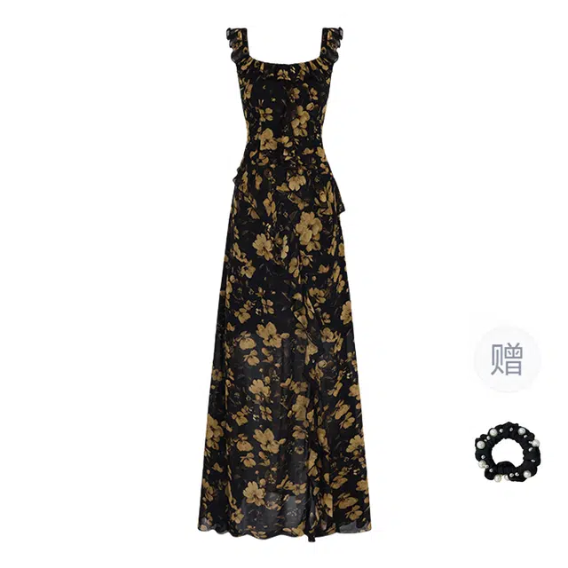 雾闪闪 法式辣妹复古风小飞袖碎花裙设计感收腰显瘦开叉吊带连衣裙 女款