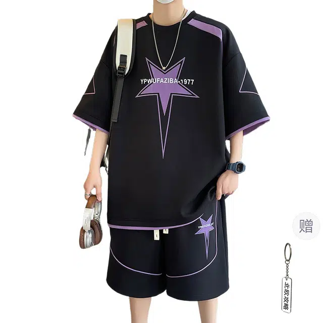 北欧攻略 高品质星星印花柔软舒适亲肤透气凉感短袖搭配健身跑步字母印花宽松短裤休闲运动套装 男女同款