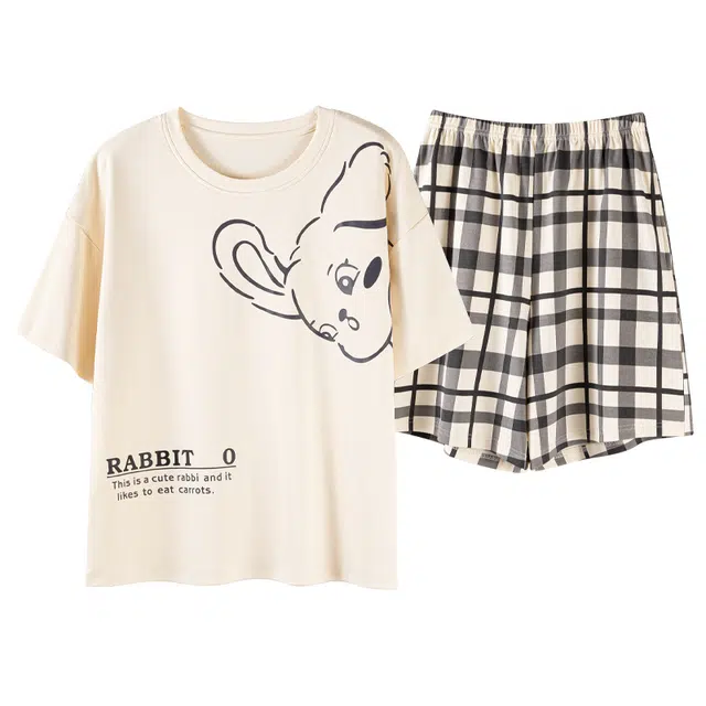 都市丽人 亲肤舒适透气休闲时尚免穿文胸带胸垫防凸点个性图案兔子圆领短袖三分裤可外穿家居睡衣套装 女款