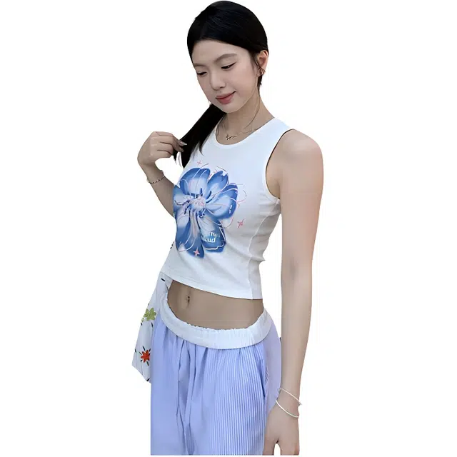 荟萃阁 韩系少女花朵印花短款圆领背心 女款