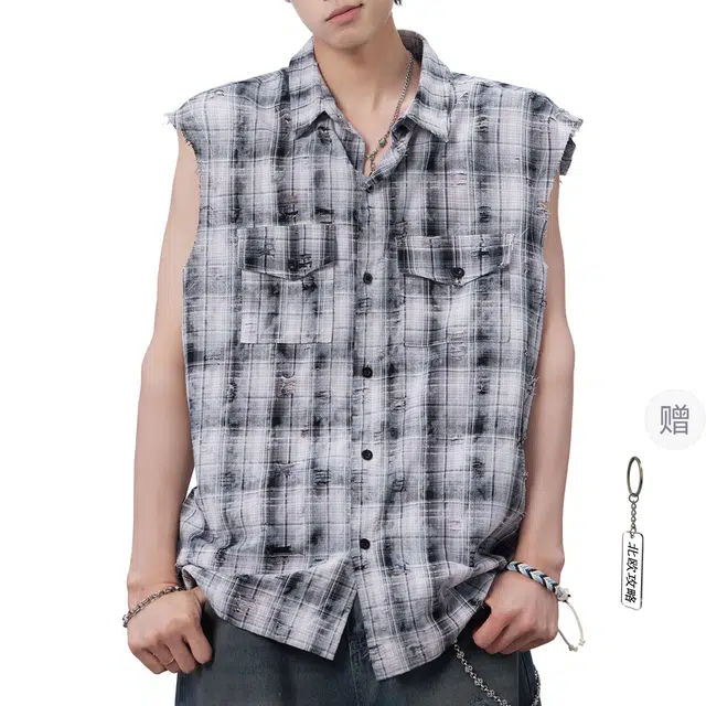 北欧攻略 欧美风高级感拼接撞色复古格子衬衣外套街头风痞帅小众无袖衬衫 男女同款
