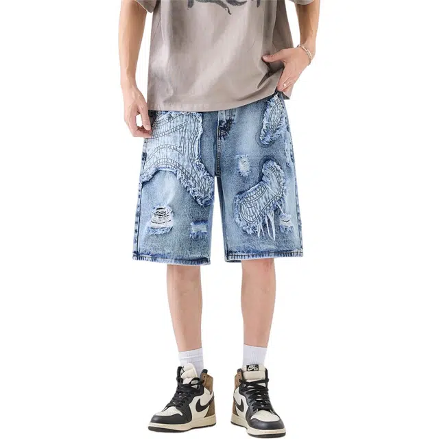 法文箱子 美式高街重工中腰绣花拼接时尚洋气直筒五分裤牛仔短裤 男款