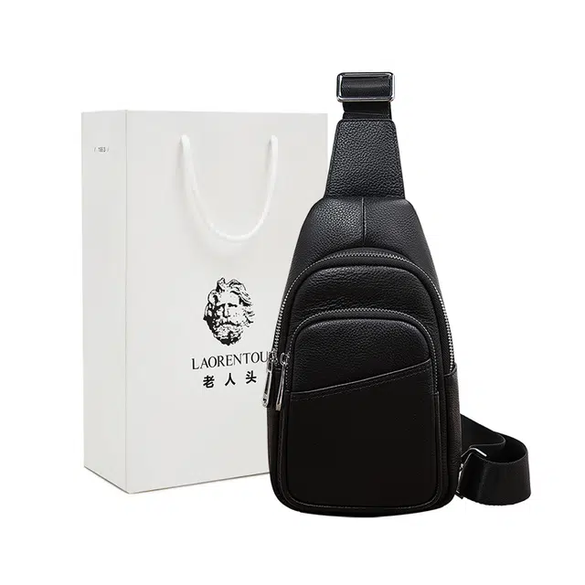老人头 经典商务通勤简约潮流 头层牛皮 胸包 男款 黑色