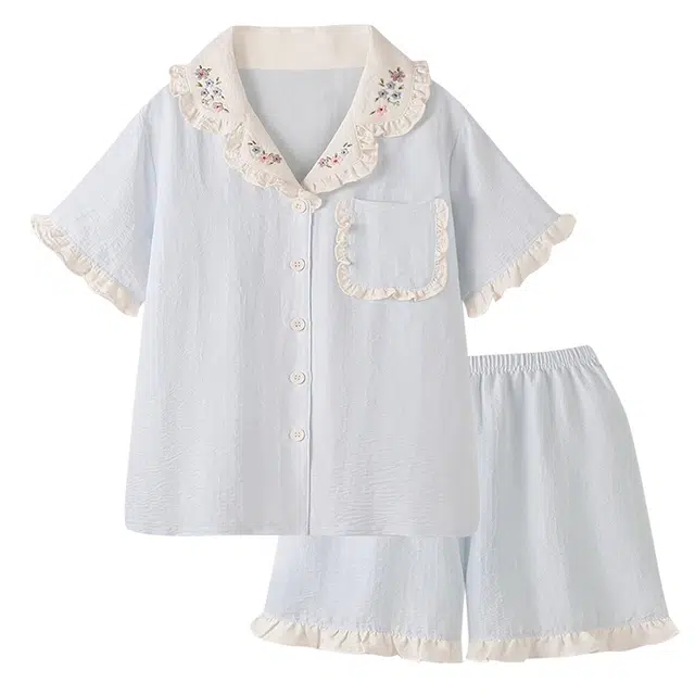 好福份 薄款翻领纯色简约休闲短袖家居服三分裤夏季睡衣套装 女款