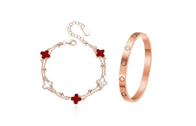 迎百宝 罗马假日四叶草 轻奢时尚 遇见幸运福气满满名媛风显白高级感叠戴两件套 气质优雅精致璀璨闪耀 合金 手链 男女同款情侣款