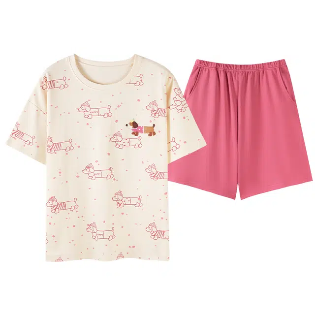 都市丽人 可爱小狗卡通圆领短袖三分裤休闲时尚舒适透气柔软免穿文胸带胸垫防凸点可外穿家居睡衣套装 女款