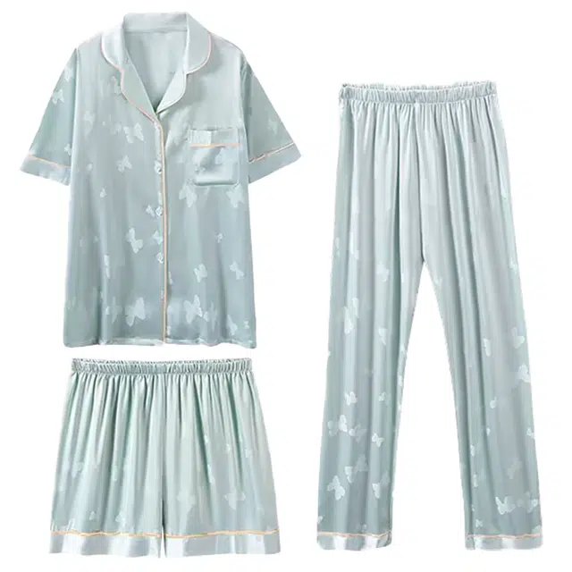 夏芬妍 甜美休闲高级感蝴蝶满印冰丝翻领家居服舒适亲肤宽松短袖三件套可外穿睡衣套装 女款